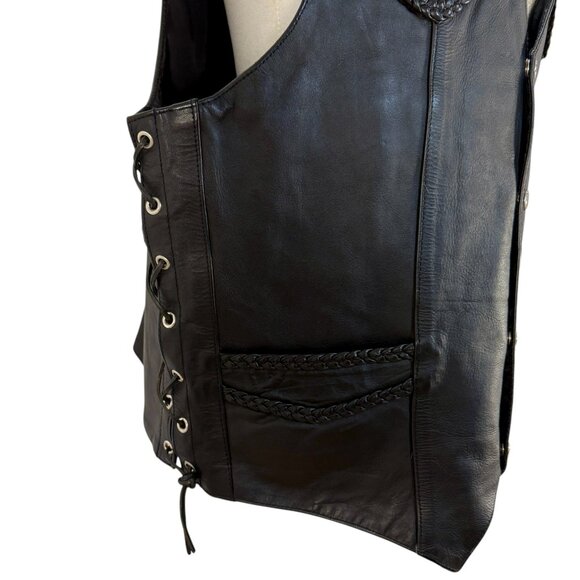 Black Leather Biker Vest with Braided Trim & Lace-Up Sides - Picture 6 of 7